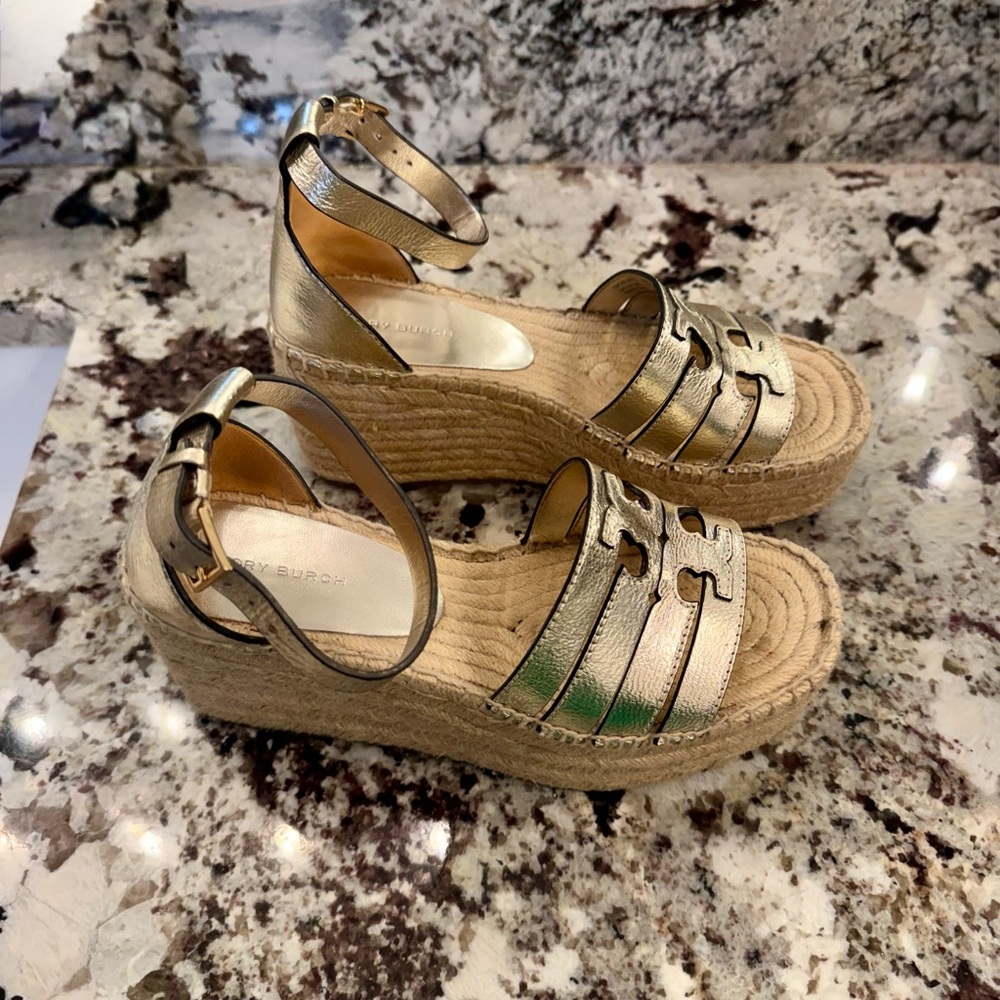 Tory Burch Metallic Gold Espadrille Wedges